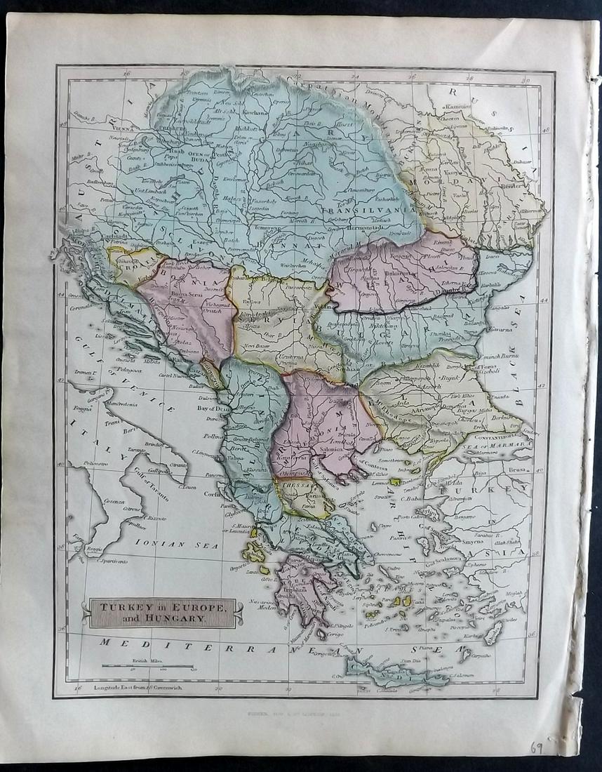 Russell & Barclay 1835 Hand Col Map. Turkey in Europe and Hungary: Hand Colored Copper Engraved Map Published 1823-40, by Fisher & Son, "A Complete Atlas of the World" by John Russell et al. A Very Rare Work which is compiled from the same plates used in different ed
