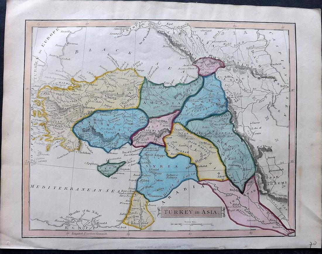 Russell & Barclay 1838 Hand Col Map. Turkey in Asia: Hand Colored Copper Engraved Map Published 1823-40, by Fisher & Son, "A Complete Atlas of the World" by John Russell et al. A Very Rare Work which is compiled from the same plates used in different ed