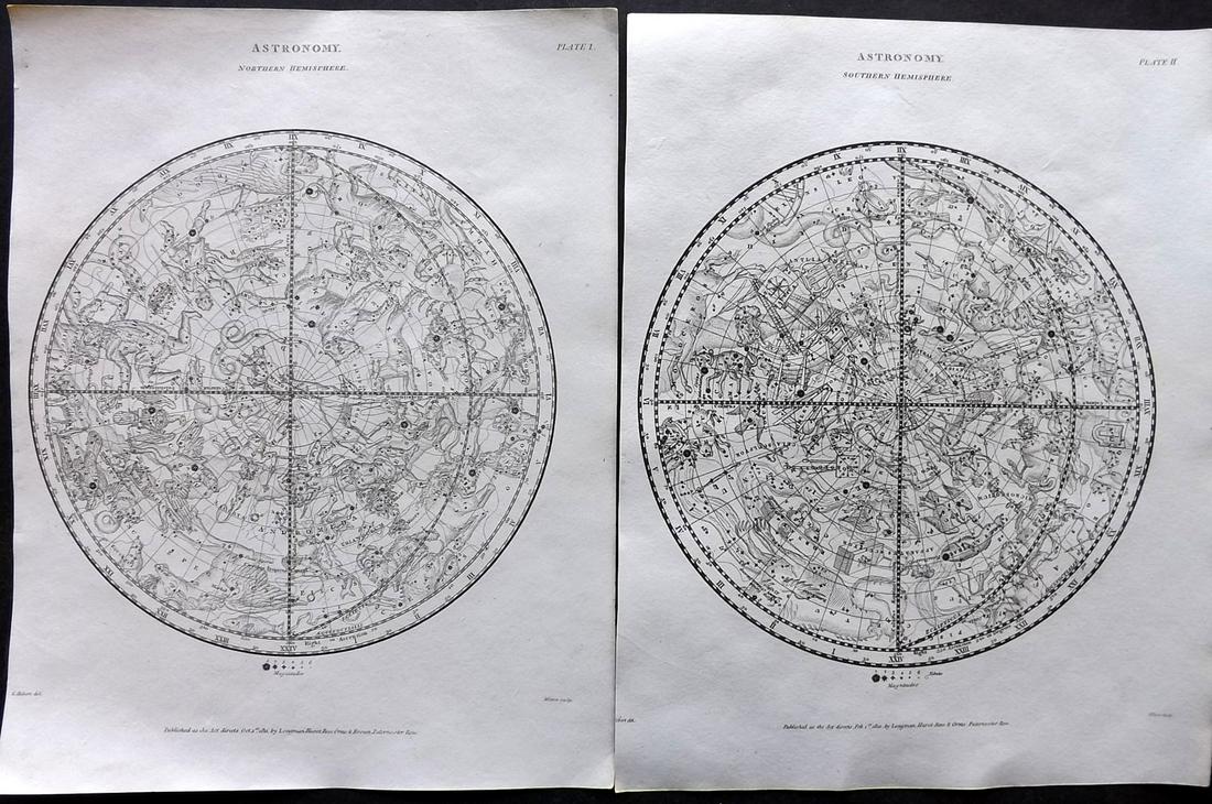 Rees, Abraham 1820 Pair of Celestial Maps. Northern & Southern Constellations (1 of 2)