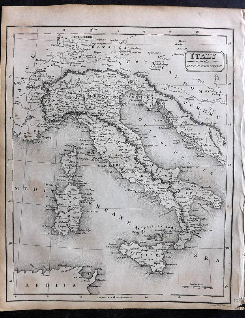 Baines, Edward 1817 Antique Map. Italy with the Alpine Frontier (1 of 2)