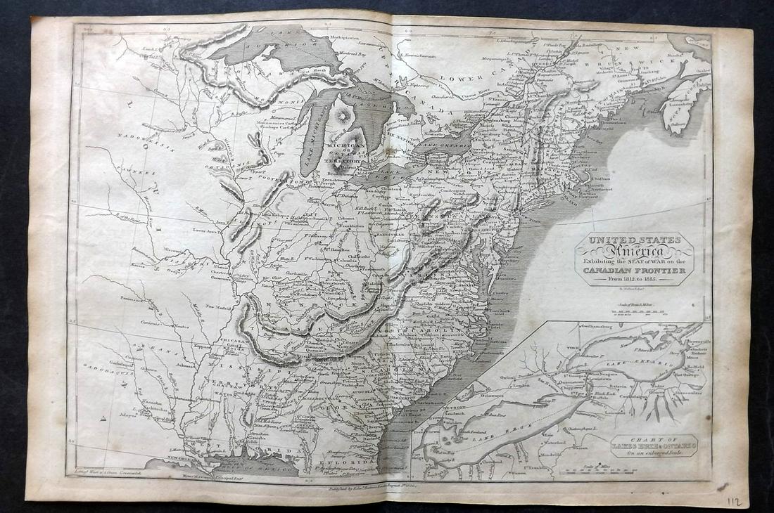 Baines, Edward 1817 Antique Map. USA & Canada, War of 1812 (1 of 2)