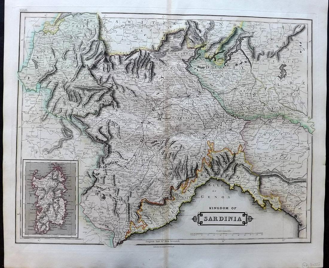 Lizars, Daniel 1831 LG Rare HC Map. Kingdom of Sardinia, Italy: Large Folio Copper Engraved Map Published 1831-2 by John Hamilton, Successor to Daniel Lizars, Edinburgh for "The Edinburgh Geographical and Historical Atlas..." First Edition by Daniel Lizars. Very f