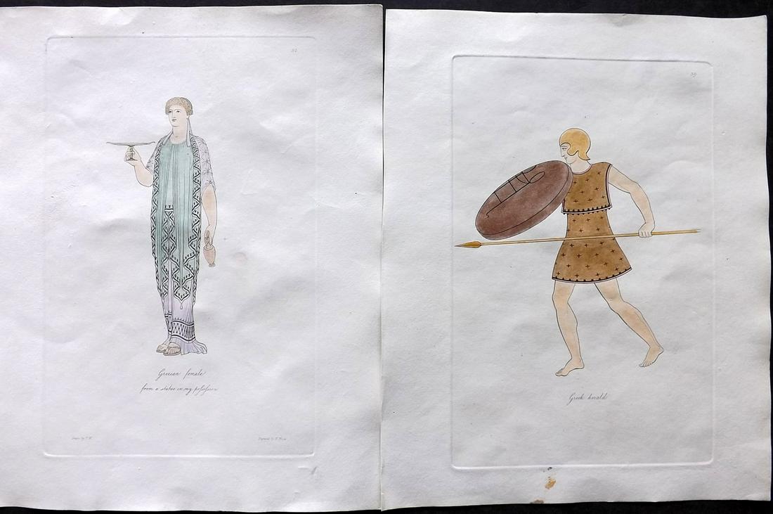 Hope, Thomas 1809 Pair of Hand Col Ancient Costume Prints. Greek Female & Herald: Hand Colored Etching Published 1809, London for "Costume of the Ancients" by Thomas Hope. Deluxe Large Paper Edition. Paper Size: 11 x 9 inch (28 x 23cm) A few minor background spots. Good Condition
