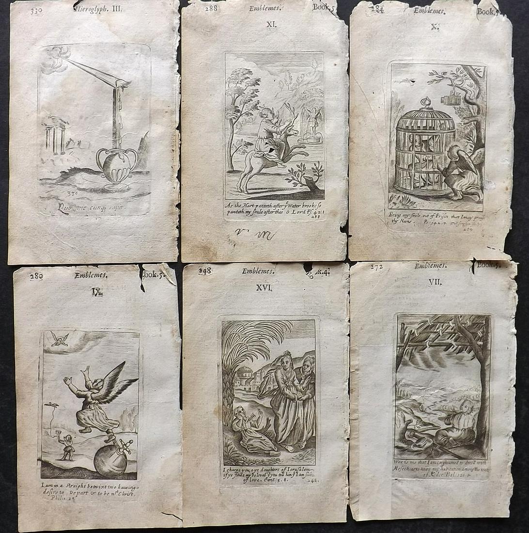 Quarles, Francis 1709 Lot of 6 Emblem Prints: Copper Plates Published 1709, London for "Emblemes" by Francis Quarles. Rare. Text to verso, showing through front side slightly. Paper Size: 6 x 3.5 inch (15 x 9cm) Some toning and water staining and