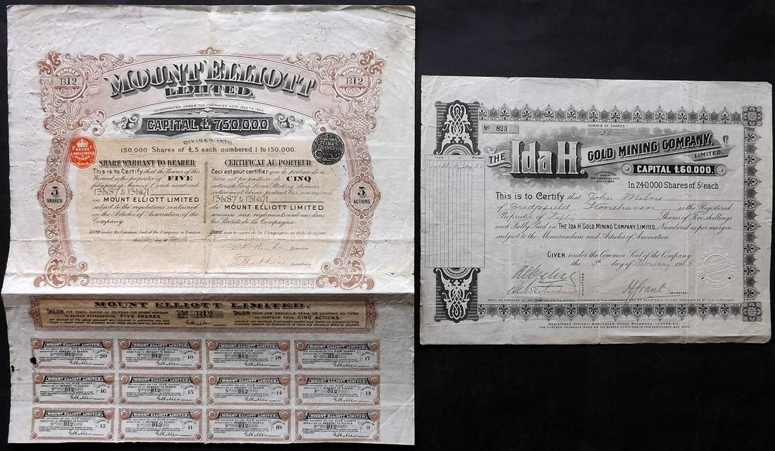 Australia: Lot of 2 Mining Share Certificates - 1905 / 1911: Mount Elliott Ltd. Shares of £5 each with 12 coupons attached. 1911. Numerous pin holes to left edge. 14.5 x 10.5 in. (37 x 26 cm). Ida H Gold Mining Company Limited, shares of 5/- each. 1905. 1