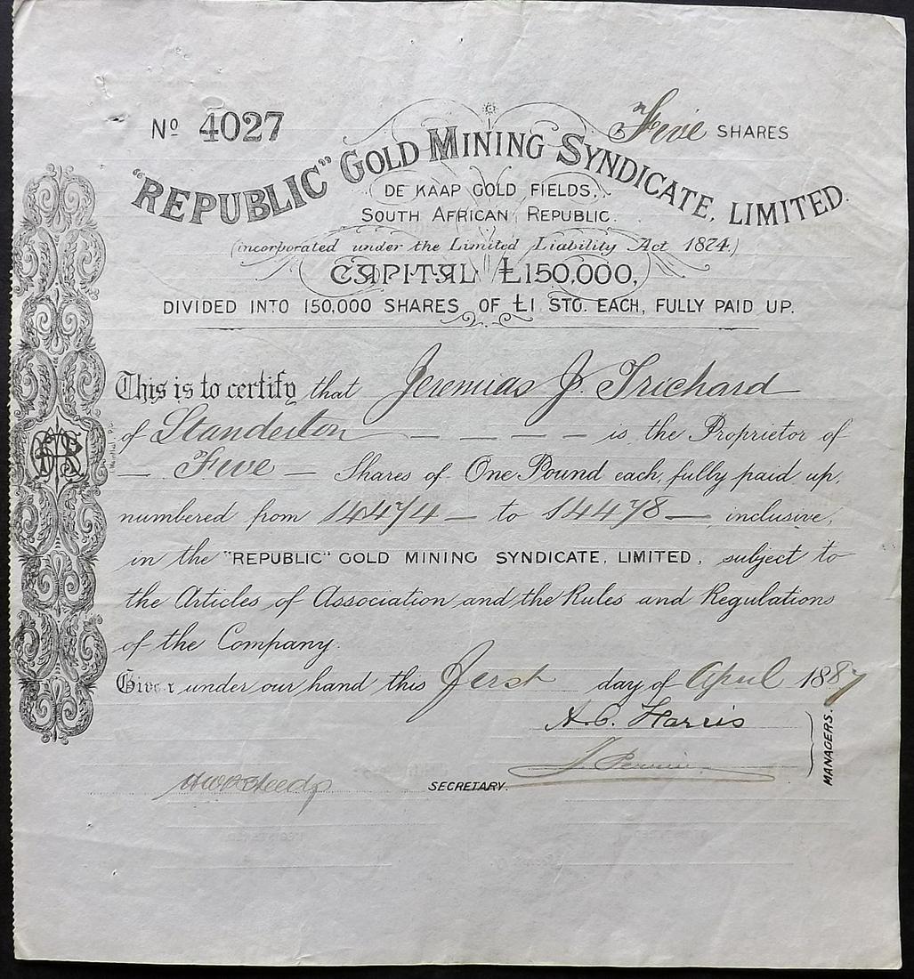 South Africa: "Republic" Gold Mining Syndicate, Limited, 1887: "Republic" Gold Mining Syndicate, Limited, 1887. 5 shares of £1 each. Staple / pin holes to to edge. 8.5 x 9 in. (21.5 x 23 cm)