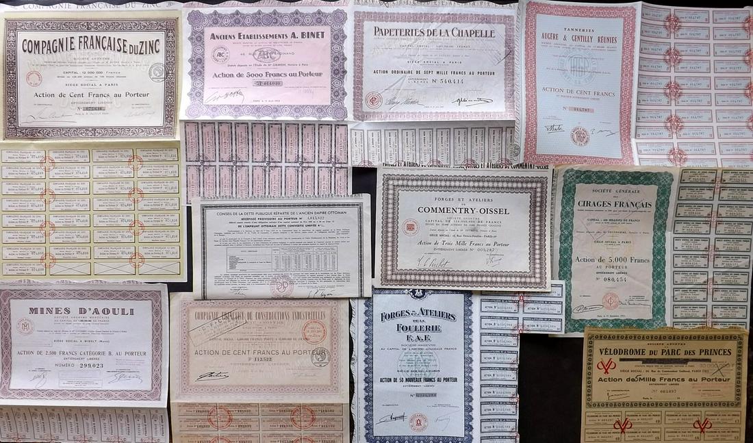 France: Lot of 11 French Share Certificates: A collection of 11 French share certificates, mainly industrial.