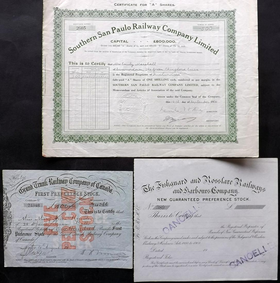 Canada / Brazil / Ireland: 3 x Railway Stock Certificates (1 of 2)
