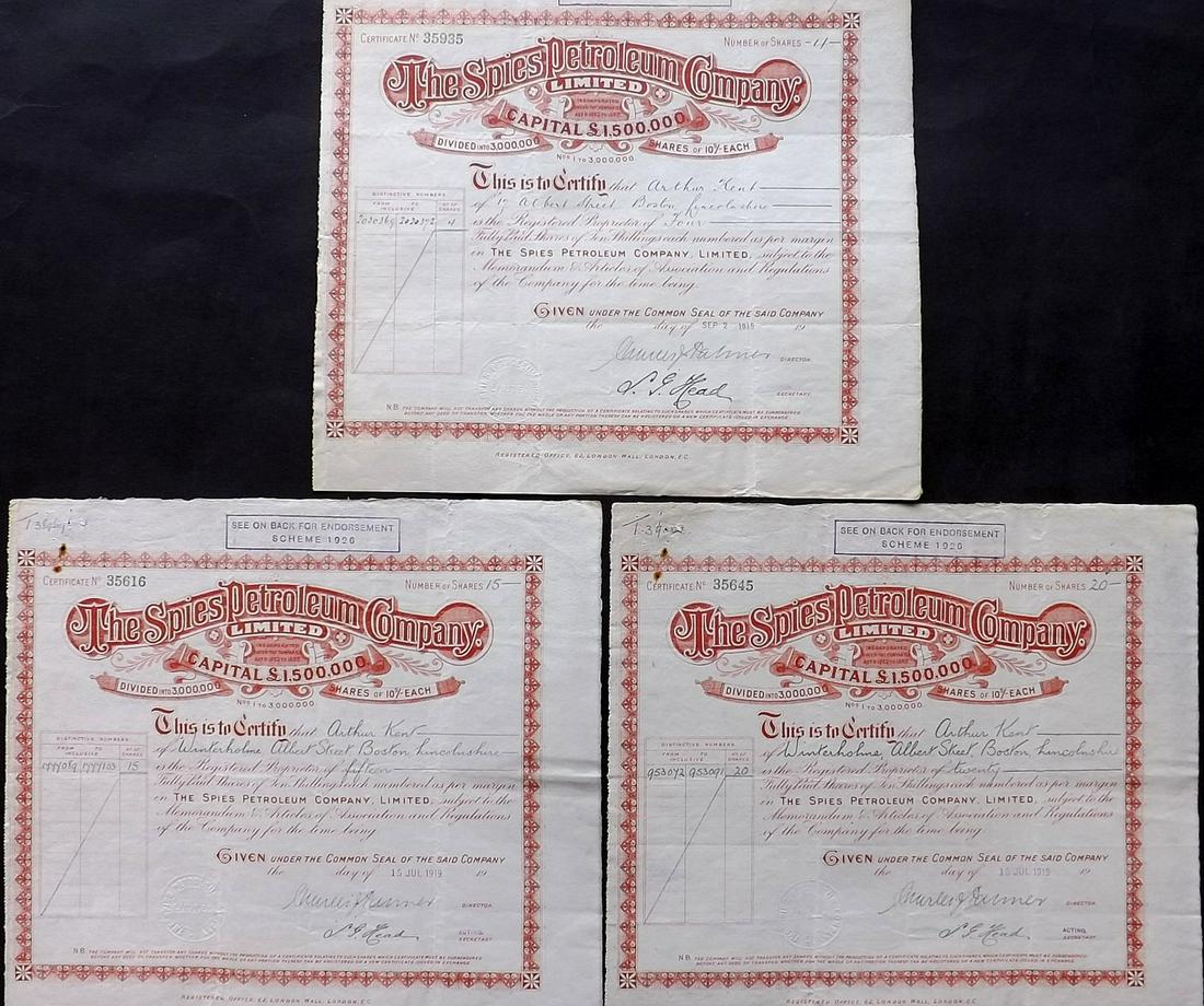 UK / Russia: Lot of 3 x The Spies Petroleum Company, Limited, 1919: 3 x The Spies Petroleum Company, Limited, 1919. Shares of Ten Shillings each. Staple / pin holes to top left corner. 11.75 x 10 5 in. (29.5 x 26.5 cm).