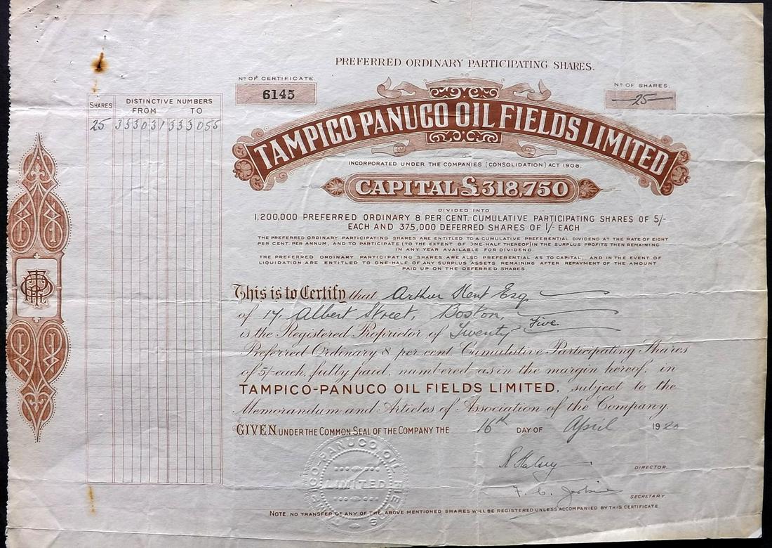 UK / Mexico: Tampico-Panuco Oil Fields Limited, 1920: Tampico-Panuco Oil Fields Limited, 1920. Preferred Ordinary 8 per cent. Cumulative Participating Shares of 5/- each. Staple / pin holes to top left corner. 13.25 x 9.5 in. (33.5 x 24 cm)