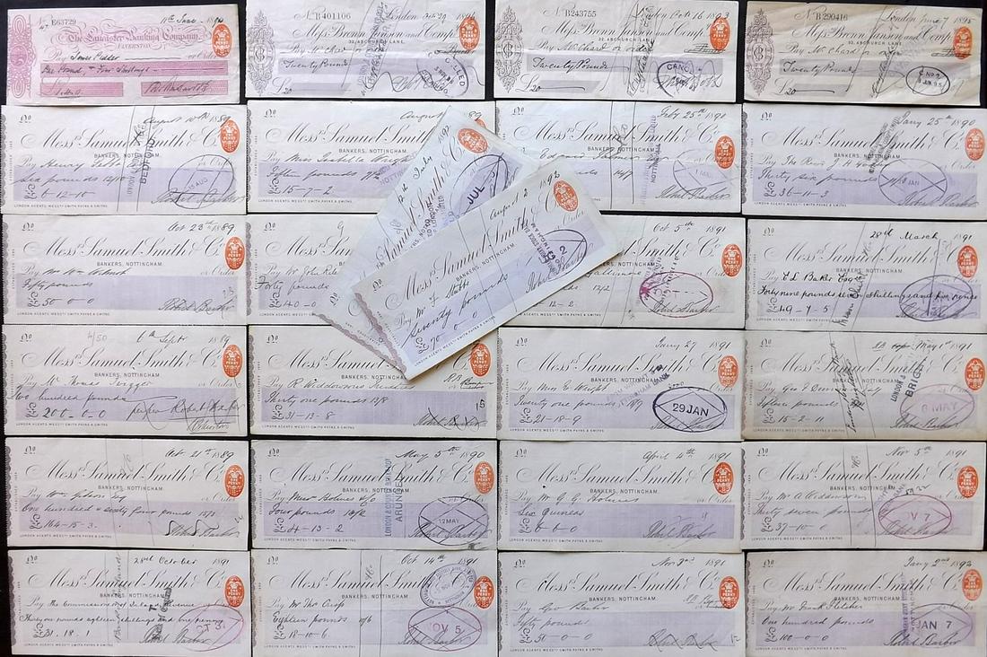 Lot of 26 British Cheques / Checks, 1889 - 1894: The Lancaster Banking Company - Ulverston Branch - 1894. 3 x Brown, Janson & Co., London - 1893, 1895 &1896. 22 x Samuel Smith & Co., Nottingham, 1889-1892