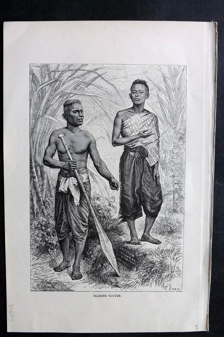 Reclus, Elisee C1880 Antique Print. Siamese Youths. Siam Thailand: Wood Engraving (Reverse side blank) Published 1876-94, London for "The Universal Geography" by Elisee Reclus. Edited by A. H. Keane. Paper Size: 10 x 7 inch (26 x 17.5cm) Good Condition
