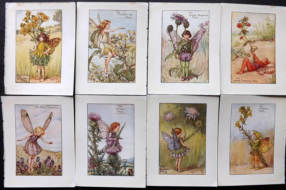 Barker, Cicely Mary C1940 Lot of 8 Flower-Fairy Prints - Summer: Summer Fairies. Lithographs Published C1935-45 by Blackie & Son, London & Glasgow for the "Flower-Fairies" Series by Cicely Mary Barker. Reverse side blank. Paper Size: 5.5 x 4 inch (14 x 10cm) Good C