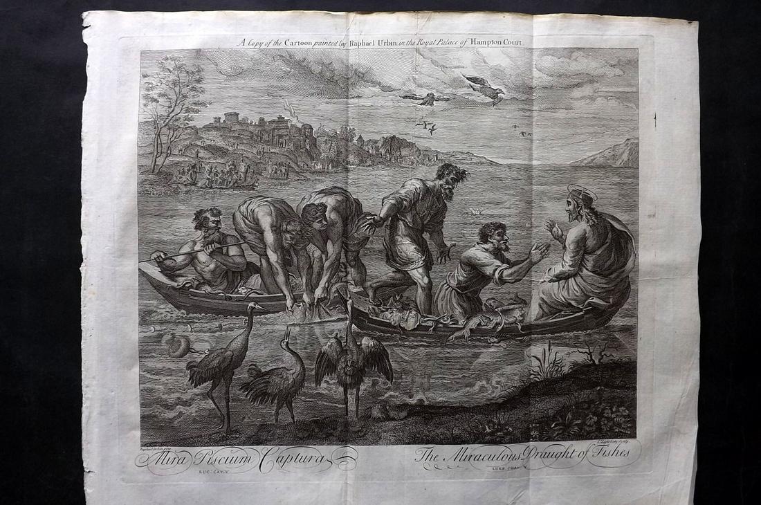 Blome & Raphael C1720 LG Folio Religious Print. Miraculous Draught of Fishes: Folio Copper Plate Published C1720 by M. Cooper, London for "The History of the Holy Bible" by Richard Blome. Engraved Lightbody after Raphael. Folds as issued. Paper Size: 21.5 x 16 inch (55 x 41cm)