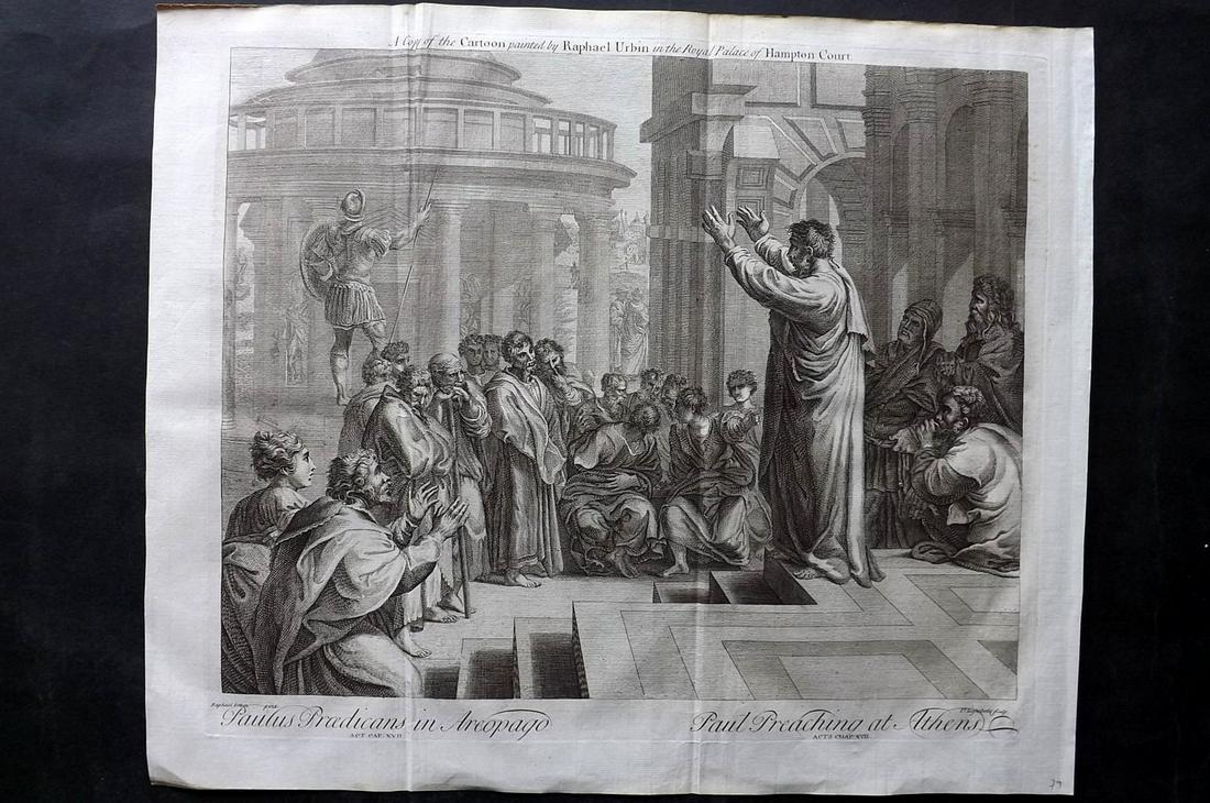 Blome & Raphael C1720 LG Folio Religious Print. Paul Preaching at Athens: Folio Copper Plate Published C1720 by M. Cooper, London for "The History of the Holy Bible" by Richard Blome. Engraved Lightbody after Raphael. Folds as issued. Paper Size: 18.5 x 15.5 inch (47 x 39cm
