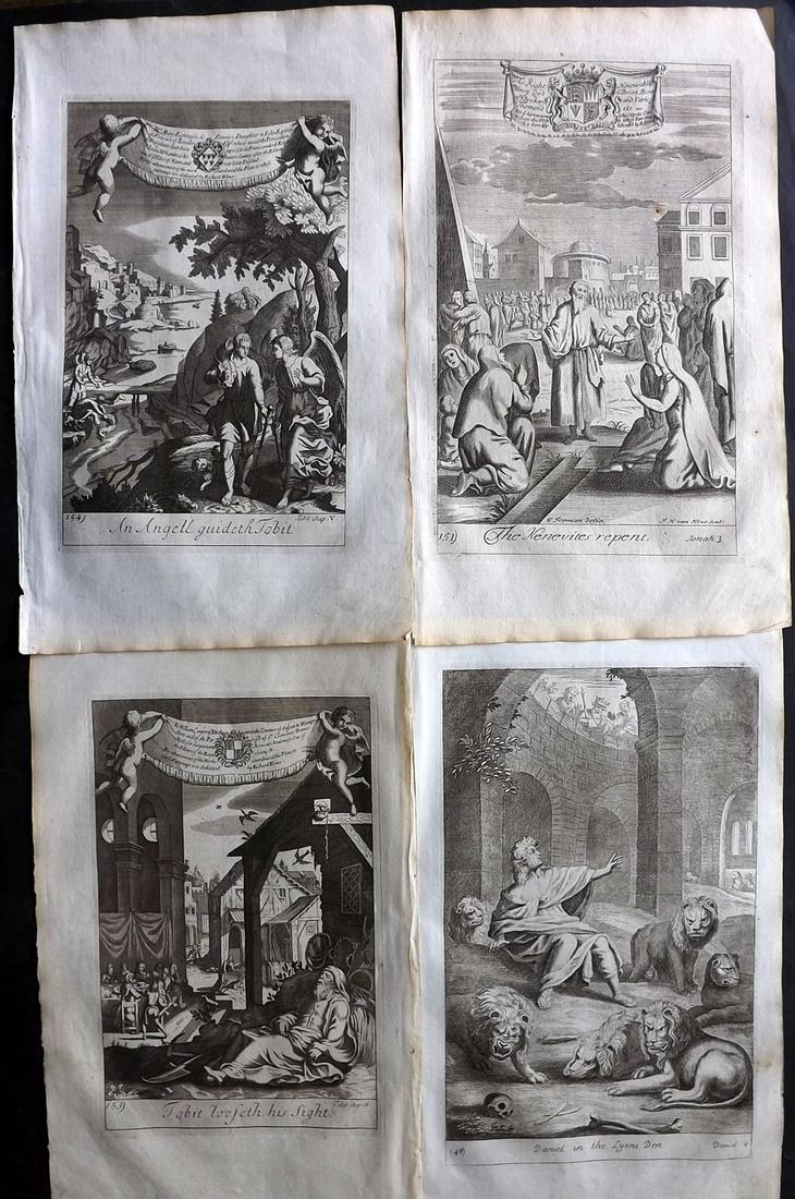 Blome, Richard C1720 Lot of 4 Folio Antique Religious Prints: Folio Copper Plates Published C1720 by M. Cooper, London for "The History of the Holy Bible" by Richard Blome. Some of the best Artist's of the time were commissioned to Engrave the images, including 