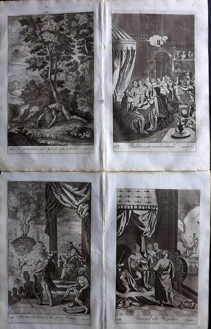 Blome, Richard C1720 Lot of 4 Folio Antique Religious Prints: Folio Copper Plates Published C1720 by M. Cooper, London for "The History of the Holy Bible" by Richard Blome. Some of the best Artist's of the time were commissioned to Engrave the images, including 