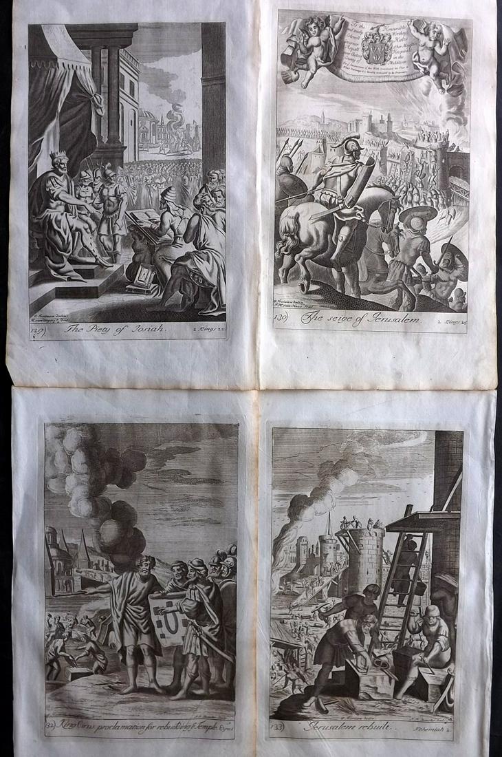 Blome, Richard C1720 Lot of 4 Folio Antique Religious Prints: Folio Copper Plates Published C1720 by M. Cooper, London for "The History of the Holy Bible" by Richard Blome. Some of the best Artist's of the time were commissioned to Engrave the images, including 