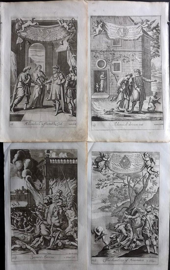 Blome, Richard C1720 Lot of 4 Folio Antique Religious Prints: Folio Copper Plates Published C1720 by M. Cooper, London for "The History of the Holy Bible" by Richard Blome. Some of the best Artist's of the time were commissioned to Engrave the images, including 