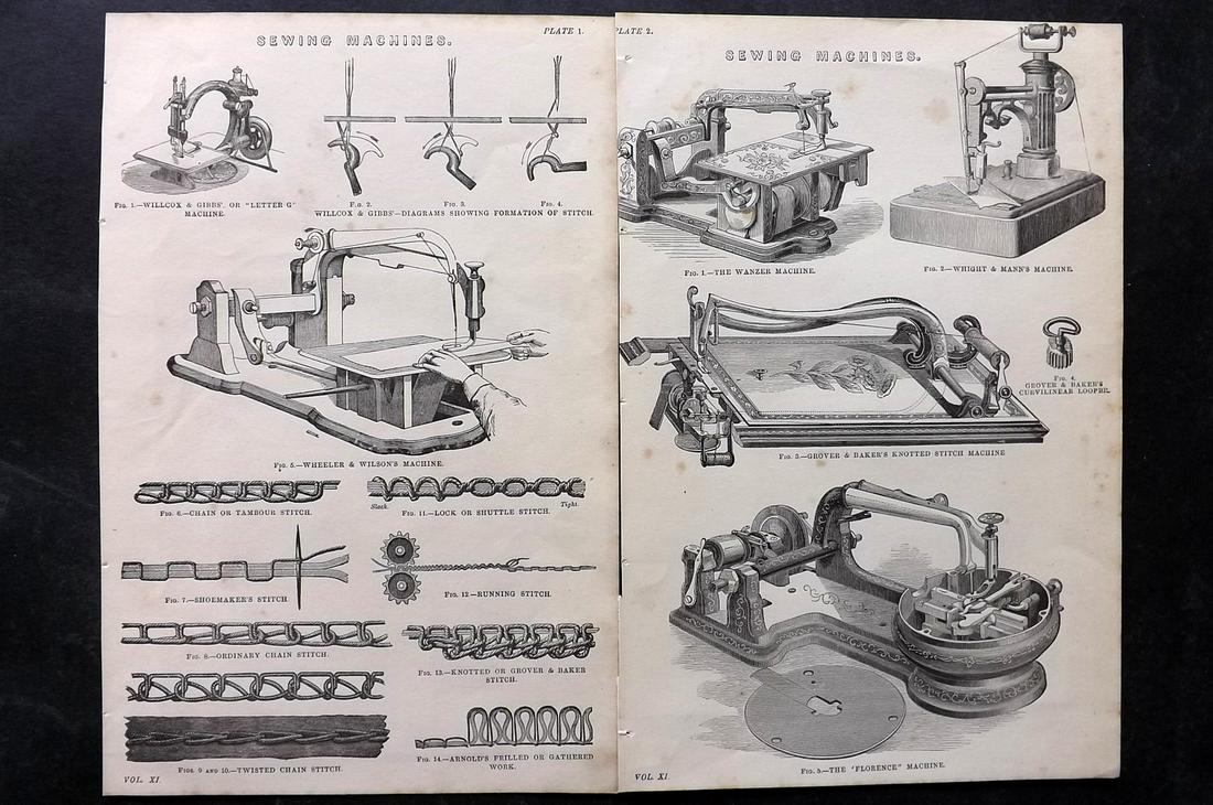 National Encyclopedia 1891 Pair of Prints. Sewing Machines (1 of 2)
