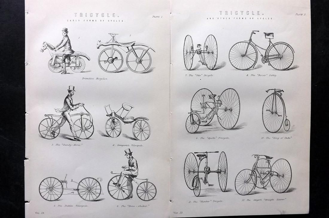 National Encyclopedia 1891 Pair of Prints. Tricycle - Early Cycling (1 of 2)