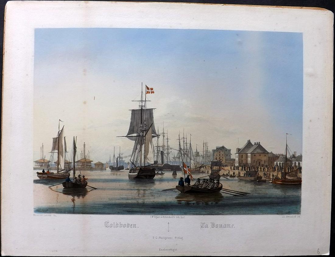 Kittendorff after Larsen C1860 HC Print. Copenhagen, Denmark, Ships: "Toldboden" Hand Colored Lithograph heightened with Gum Arabic Published C1860 by P. G. Philpsens, Copenhagen. Lithographed by I. W. Tegner & Kittendorffs after Emanuel Larsen. Rare. Paper Size: 14 x 