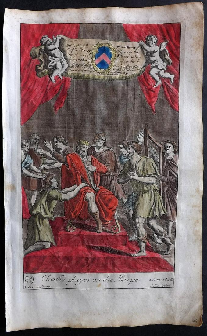 Blome, Richard C1720 Folio Hand Col Religious Print. David Playes on the Harpe: Folio Copper Plates Published C1720 by M. Cooper, London for "The History of the Holy Bible" by Richard Blome. Some of the best Artist's of the time were commissioned to Engrave the images, including 