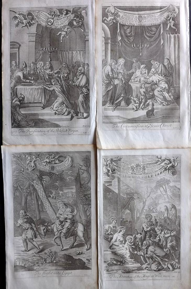 Blome, Richard C1720 Lot of 4 Folio Antique Religious Prints: Folio Copper Plates Published C1720 by M. Cooper, London for "The History of the Holy Bible" by Richard Blome. Some of the best Artist's of the time were commissioned to Engrave the images, including 