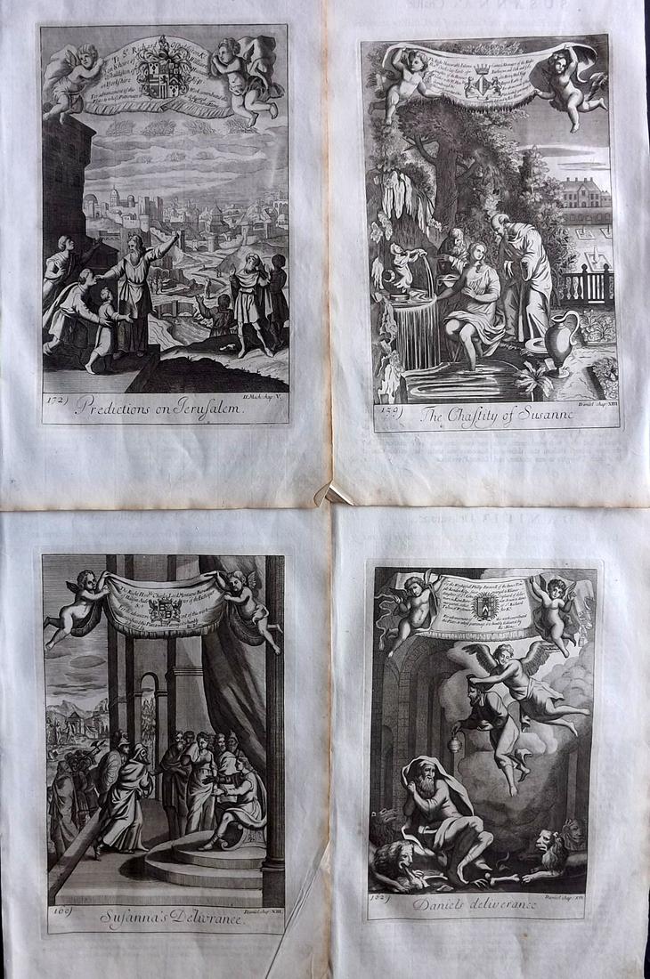 Blome, Richard C1720 Lot of 4 Folio Antique Religious Prints: Folio Copper Plates Published C1720 by M. Cooper, London for "The History of the Holy Bible" by Richard Blome. Some of the best Artist's of the time were commissioned to Engrave the images, including 