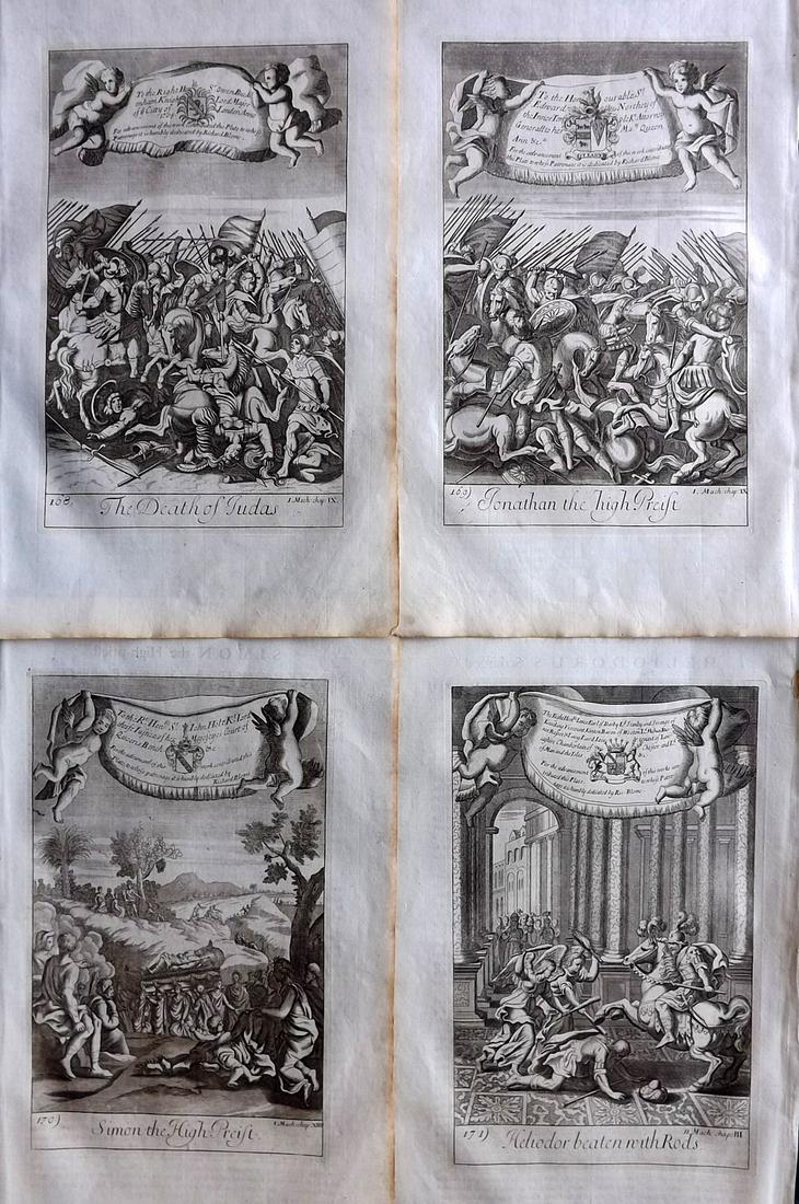 Blome, Richard C1720 Lot of 4 Folio Antique Religious Prints: Folio Copper Plates Published C1720 by M. Cooper, London for "The History of the Holy Bible" by Richard Blome. Some of the best Artist's of the time were commissioned to Engrave the images, including 