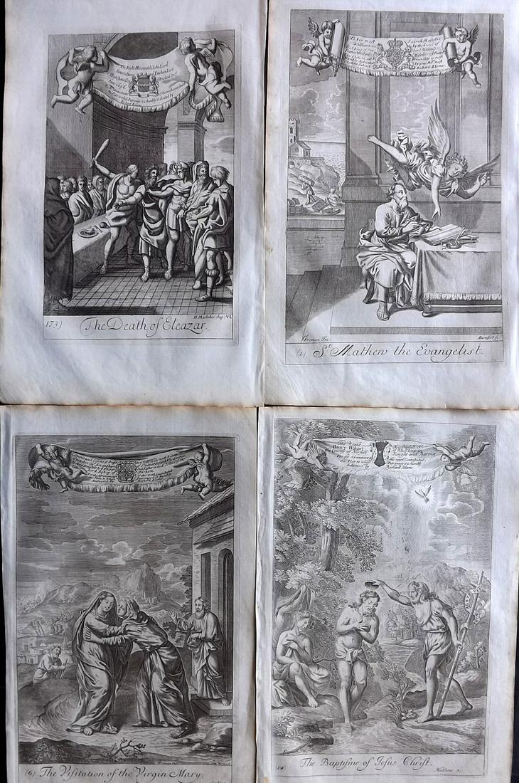 Blome, Richard C1720 Lot of 4 Folio Antique Religious Prints: Folio Copper Plates Published C1720 by M. Cooper, London for "The History of the Holy Bible" by Richard Blome. Some of the best Artist's of the time were commissioned to Engrave the images, including 