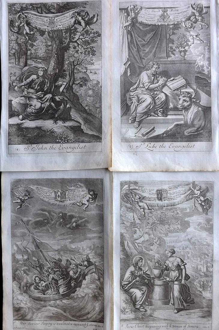 Blome, Richard C1720 Lot of 4 Folio Antique Religious Prints: Folio Copper Plates Published C1720 by M. Cooper, London for "The History of the Holy Bible" by Richard Blome. Some of the best Artist's of the time were commissioned to Engrave the images, including 