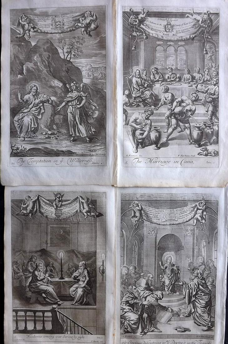 Blome, Richard C1720 Lot of 4 Folio Antique Religious Prints: Folio Copper Plates Published C1720 by M. Cooper, London for "The History of the Holy Bible" by Richard Blome. Some of the best Artist's of the time were commissioned to Engrave the images, including 