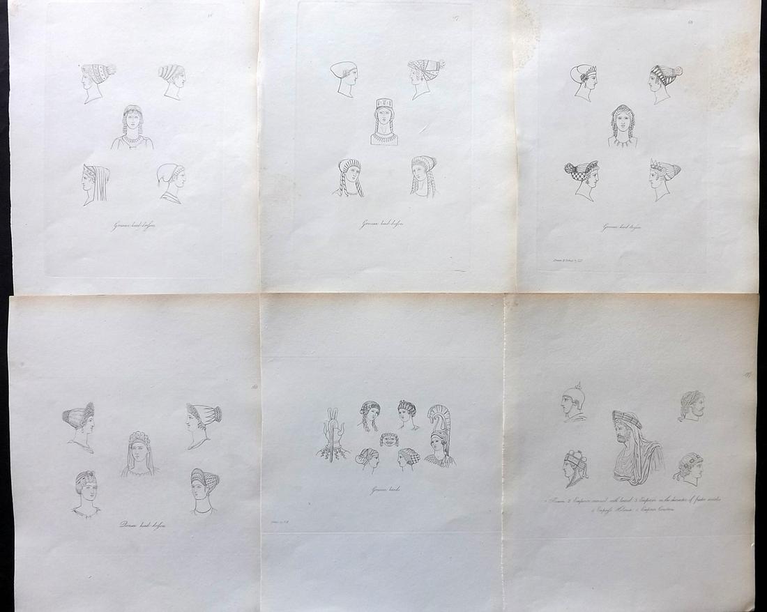 Hope, Thomas 1809 Lot of 6 Ancient Costume Prints. Head Dresses (1 of 2)