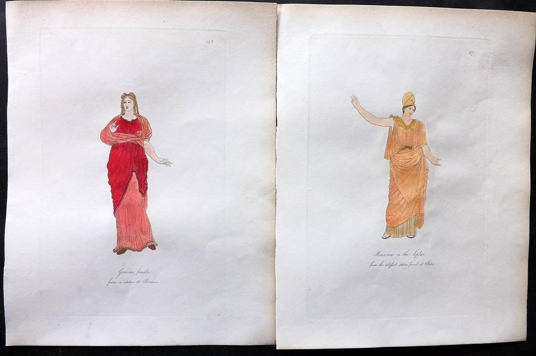 Hope, Thomas 1809 Pair of Hand Col Ancient Antiquities Prints. Deluxe Edition: Hand Colored Etching Published 1809, London for "Costume of the Ancients" by Thomas Hope. Deluxe Large Paper Edition. Paper Size: 11 x 9 inch (28 x 23cm) Good Condition