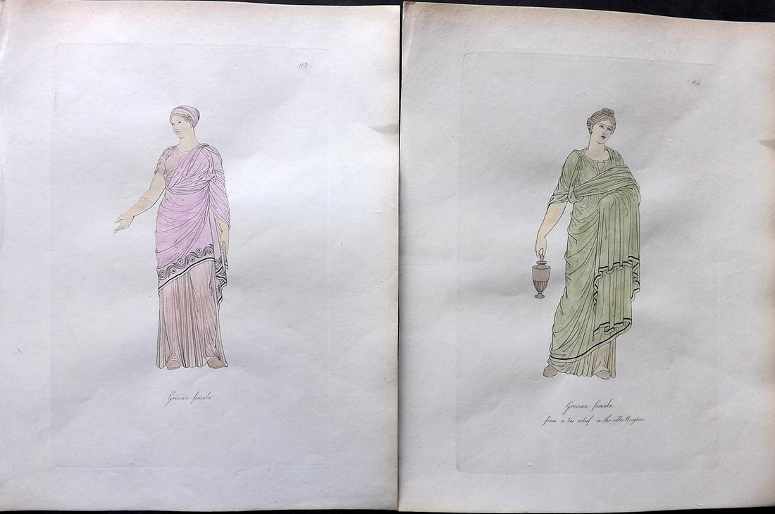 Hope, Thomas 1809 Pair of Hand Col Ancient Antiquities Prints. Deluxe Edition: Hand Colored Etching Published 1809, London for "Costume of the Ancients" by Thomas Hope. Deluxe Large Paper Edition. Paper Size: 11 x 9 inch (28 x 23cm) Good Condition