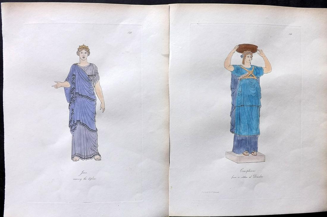 Hope, Thomas 1809 Pair of Hand Col Ancient Antiquities Prints. Deluxe Edition: Hand Colored Etching Published 1809, London for "Costume of the Ancients" by Thomas Hope. Deluxe Large Paper Edition. Paper Size: 11 x 9 inch (28 x 23cm) Good Condition