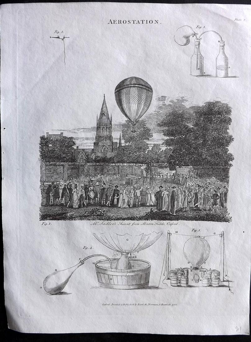 Oxford Encyclo. 1828 Antique Print. Aerostation. Balloon, Oxford (1 of 2)