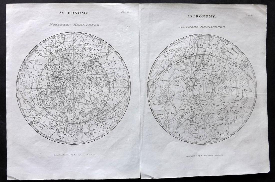 Oxford Encyclo. 1828 Pair of Astronomy Celestial Charts. Constellations (1 of 2)