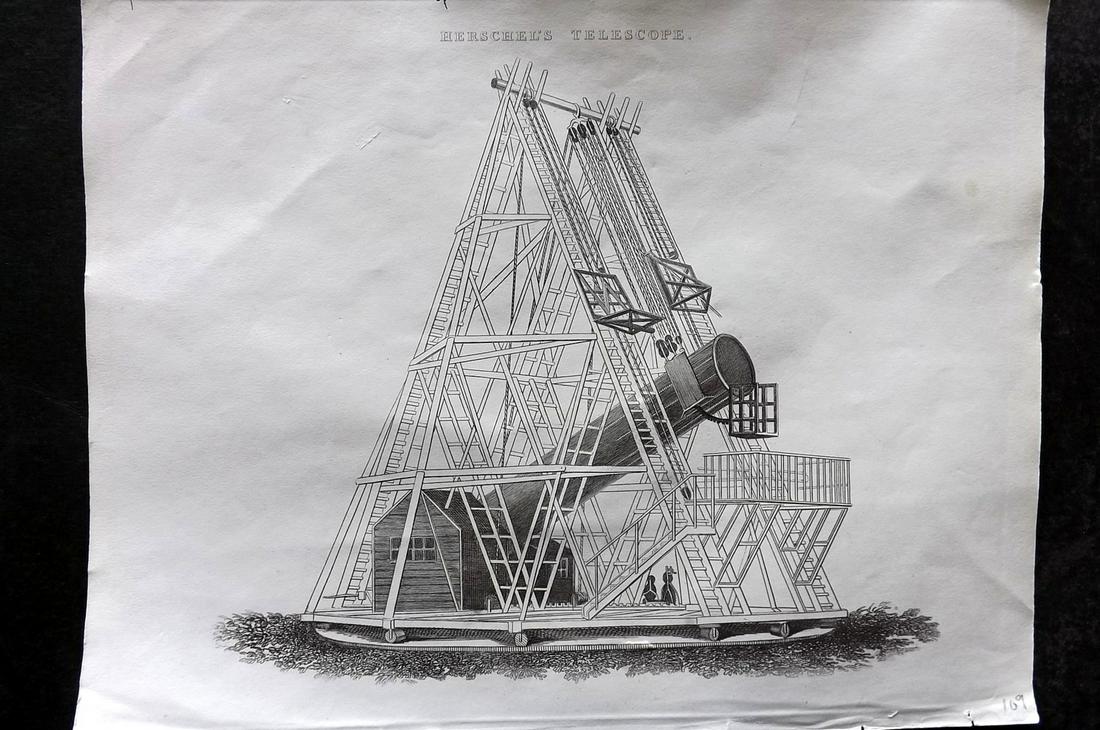 Russell & Barclay C1840 Astronomy Print. Herschel's Telescope: Copper Plate Published 1823-40, by Fisher & Son, "A Complete Atlas of the World" by John Russell et al. A Very Rare Work which is compiled from the same plates used in different editions of Barclay's 