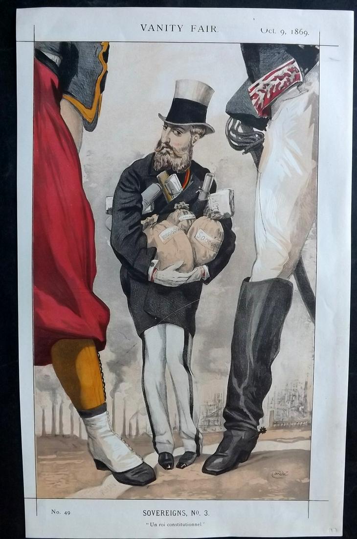 Vanity Fair Print 1869 King Leopold of Belgium: Chromolithograph Published 1869-1914, London for "Vanity Fair" Paper Size: 14 x 9 inch (36 x 23cm) Approx. Good Condition