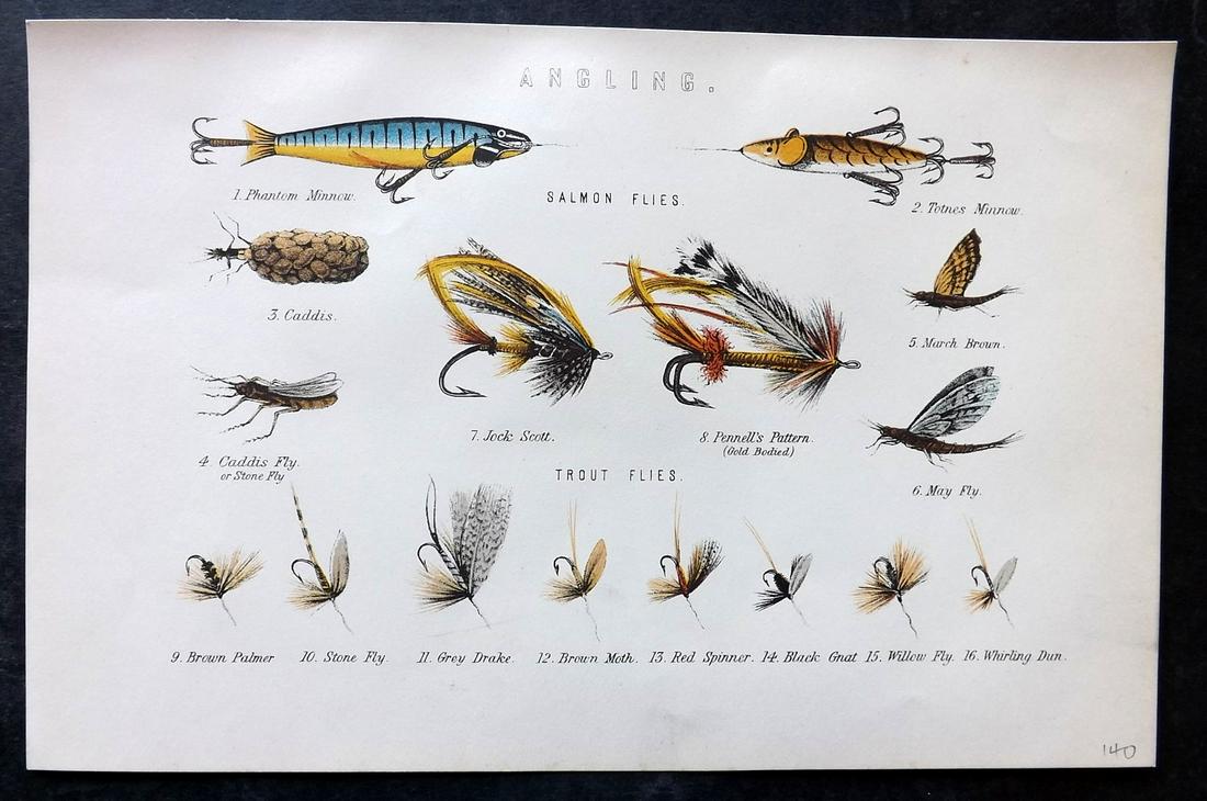 National Encyclopedia 1891 Print. Fly Fishing Flies, Angling (1 of 2)