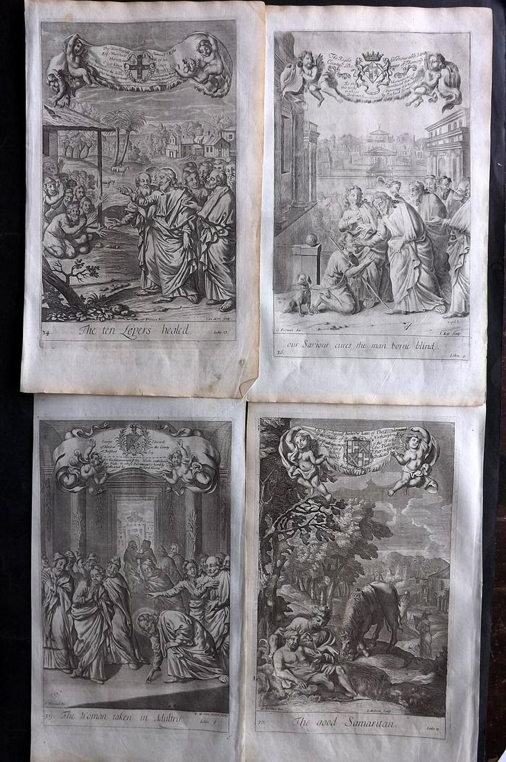 Blome, Richard C1720 Lot of 4 Folio Antique Religious Prints: Folio Copper Plates Published C1720 by M. Cooper, London for "The History of the Holy Bible" by Richard Blome. Some of the best Artist's of the time were commissioned to Engrave the images, including 