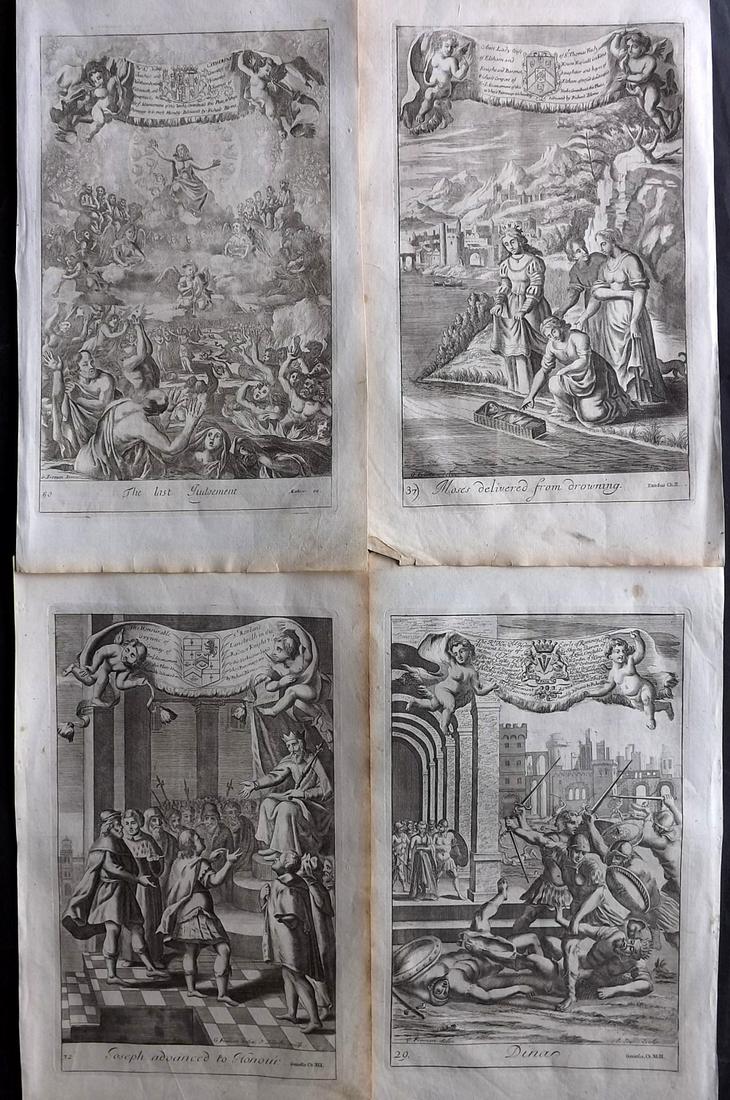 Blome, Richard C1720 Lot of 4 Folio Antique Religious Prints: Folio Copper Plates Published C1720 by M. Cooper, London for "The History of the Holy Bible" by Richard Blome. Some of the best Artist's of the time were commissioned to Engrave the images, including 