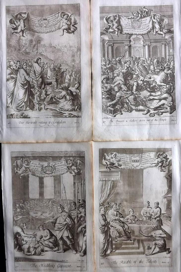 Blome, Richard C1720 Lot of 4 Folio Antique Religious Prints: Folio Copper Plates Published C1720 by M. Cooper, London for "The History of the Holy Bible" by Richard Blome. Some of the best Artist's of the time were commissioned to Engrave the images, including 