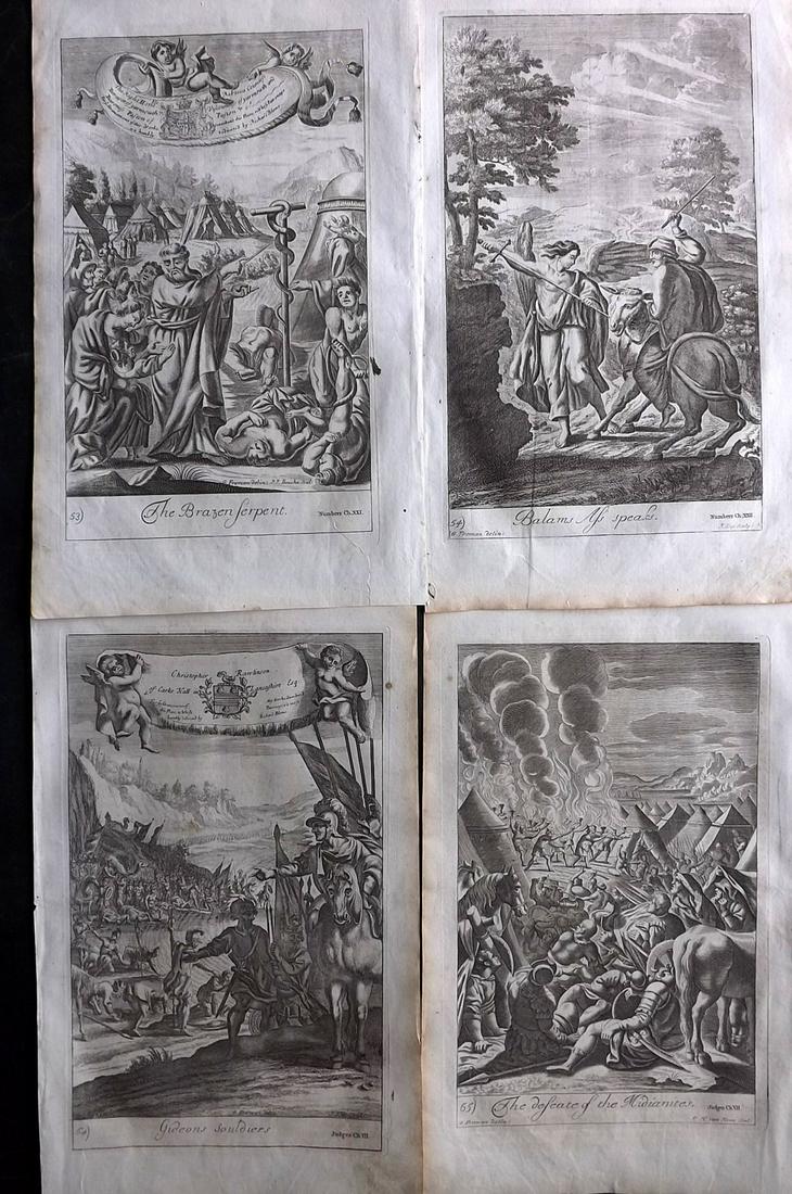 Blome, Richard C1720 Lot of 4 Folio Antique Religious Prints: Folio Copper Plates Published C1720 by M. Cooper, London for "The History of the Holy Bible" by Richard Blome. Some of the best Artist's of the time were commissioned to Engrave the images, including 