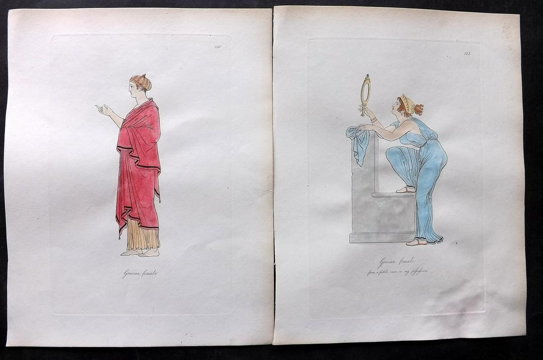 Hope, Thomas 1809 Pair of HCol Ancient Costume Prints. Grecian Females: Hand Colored Etching Published 1809, London for "Costume of the Ancients" by Thomas Hope. Deluxe Large Paper Edition. Paper Size: 11 x 9 inch (28 x 23cm) Good Condition