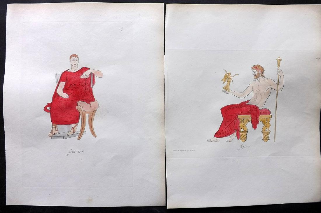 Hope, Thomas 1809 Pair of HCol Ancient Costume Prints. Greek Poet & Jupiter: Hand Colored Etching Published 1809, London for "Costume of the Ancients" by Thomas Hope. Deluxe Large Paper Edition. Paper Size: 11 x 9 inch (28 x 23cm) Good Condition