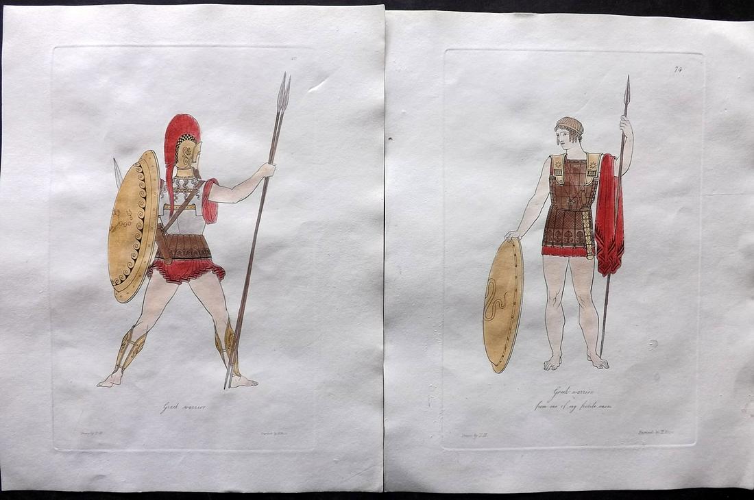 Hope, Thomas 1809 Pair of HCol Ancient Costume Prints. Greek Warriors (1 of 2)