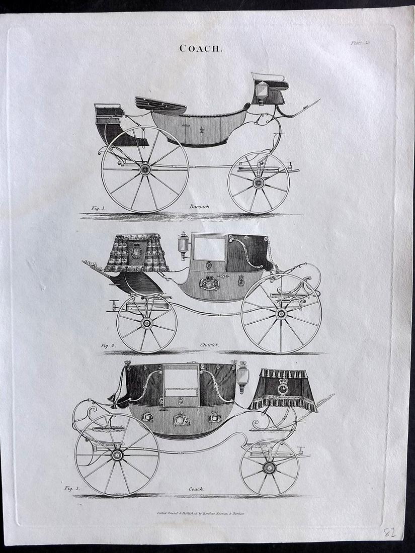 Oxford Encyclo. 1828 Antique Print. Coach: Copper Plate Published 1828, London for "The Oxford Encyclopaedia: Or, Dictionary of Arts, Sciences and General Literature" by Rev. W. Harris, J. A. Stewart, C. Butler, Rev. J. H. Hinton et al. Paper
